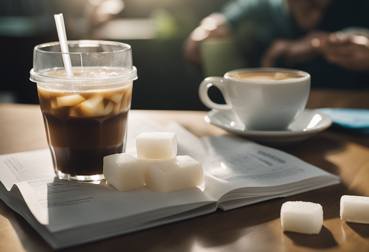 A person sits at a table with a cup of iced coffee, a bandage on their gum, and a pamphlet on gum graft surgery