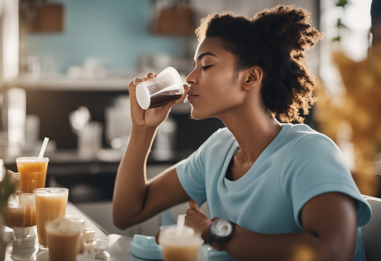 A person sipping iced coffee while resting with a cold compress on their face, surrounded by soft foods and oral care products