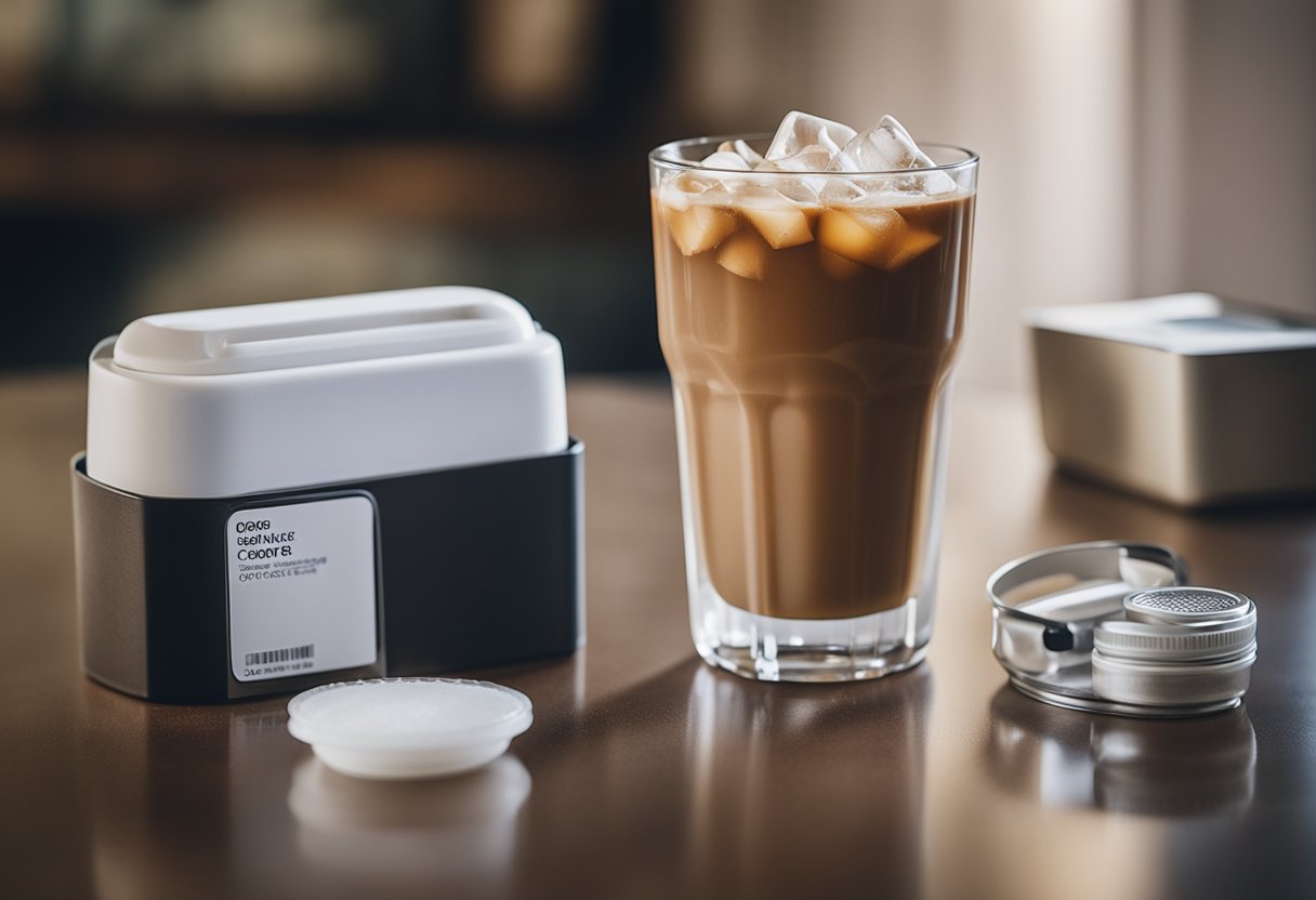 A glass of iced coffee sits on a table next to a post-surgery care kit, including gauze and pain medication